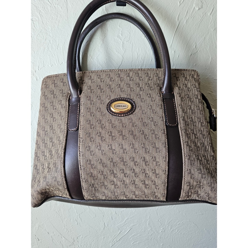 Carryland Monogram Satchel‎ Handbag Brown Canvas Leather Trim Top Handle Bag